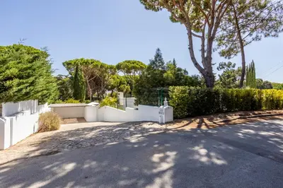 a driveway with a white fence and a tree at Villa Bonita in Albufeira