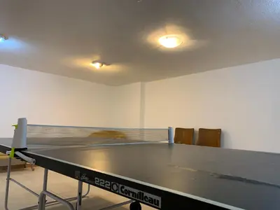 a ping pong table in a room with a ping pongopter at Villa Sofia in Almancil
