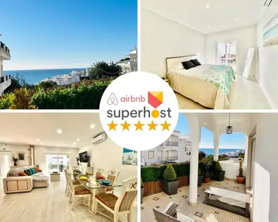 a collage of pictures of a bedroom and a living room at BrisaMarVilas Sea view, 5 min Walk to Town & Beach in Albufeira
