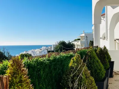 a hedge on the side of a building with the ocean at BrisaMarVilas Sea view, 5 min Walk to Town & Beach in Albufeira