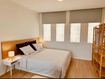 a bedroom with a large bed and two windows at Alagoas Studio - City Center in Faro