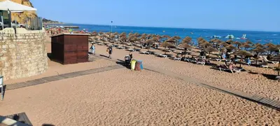 a beach with chairs and umbrellas and the ocean at Pateo Apartment - One Bedroom in Albufeira in Albufeira