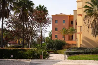 a building with palm trees in front of a street at Apartamento Vitoria in Vilamoura