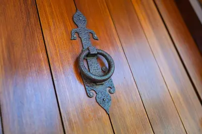 a metal door knocker on a wooden door at Casa Coelho in Albufeira