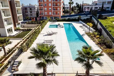 an overhead view of a swimming pool with palm trees at Green View Studio with Pool in Albufeira