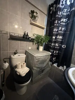 a bathroom with a toilet and a sink with plants on it at Beach Holidays in Quarteira