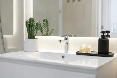 a bathroom counter with a sink with a cactus at TAC - Alma Apartment in Faro