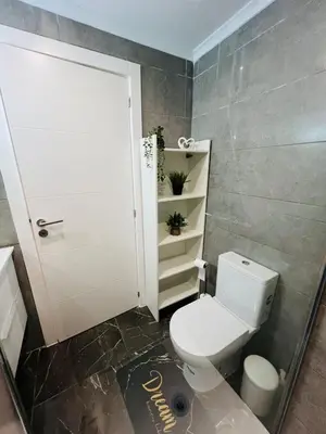 a bathroom with a white toilet and a shelf at Brand New Studio in Rua da Oura in Albufeira