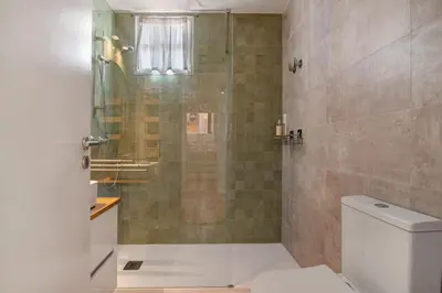 a bathroom with a shower and a toilet at Casa do Pateo in Guia
