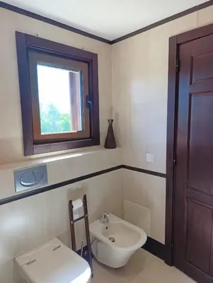 a bathroom with a toilet and a sink and a window at Villa Inês in Guia