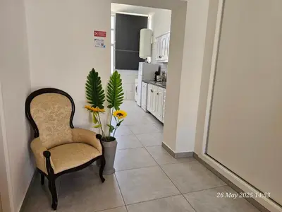 a living room with a chair and a potted plant at Blife Montya private rooms in Faro