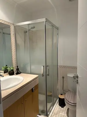 a bathroom with a shower and a sink and a toilet at Luz do Mar in Olhos de Água