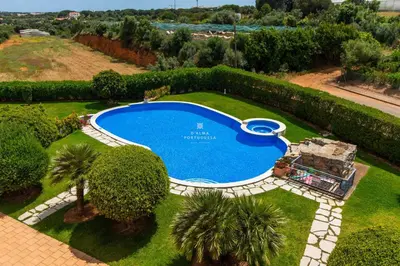 an overhead view of a swimming pool in a garden at Rosemary Apartment in Olhos de Água