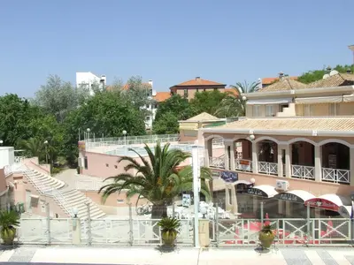 a building with a palm tree in front of it at Vila Lusa Marina in Vilamoura