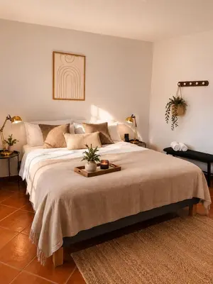 a bedroom with a bed and a table with a lamp at Refúgio No16 Ocean Air & Rooftop Flair in Albufeira