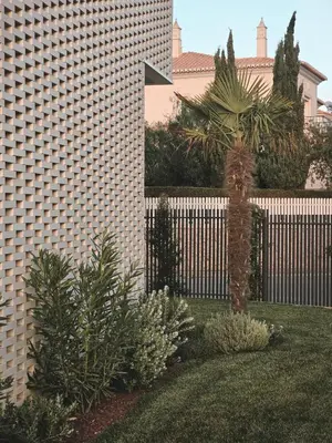 a fence with a palm tree in a yard at Villa São Rafael in Albufeira