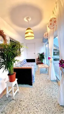 a living room with a bed and potted plants at Lazaro Beach House in Faro