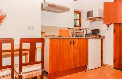 a kitchen with wooden cabinets and a counter top at Casa da Tita in Salir
