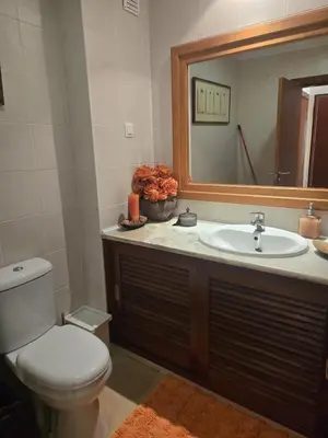 a bathroom with a toilet and a sink and a mirror at T1 dos Salgados in Guia
