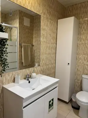 a bathroom with a sink and a toilet and a mirror at LizHolidays in Albufeira