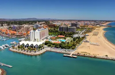 an aerial view of a resort and a beach at Beach Apartment Vilamoura Villa Columbus in Vilamoura