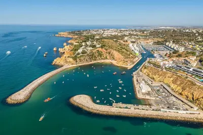 an aerial view of a harbor with boats in the water at Baleeira Sea View Studio in Albufeira