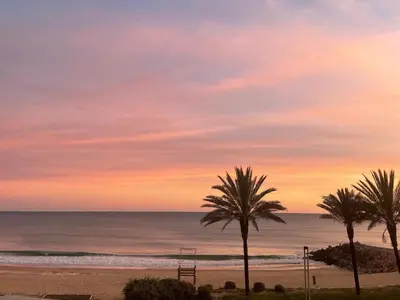 two palm trees on the beach at sunset at Sunflower12 - Apartamento à beira-mar - Seaview in Quarteira