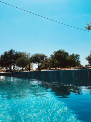 a pool of blue water with trees in the background at Country villa in Algarve, 15 min from beach in Albufeira