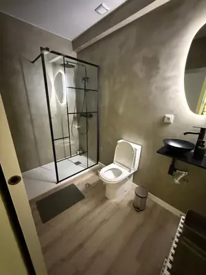 a bathroom with a toilet and a glass shower at Camilas place in Faro