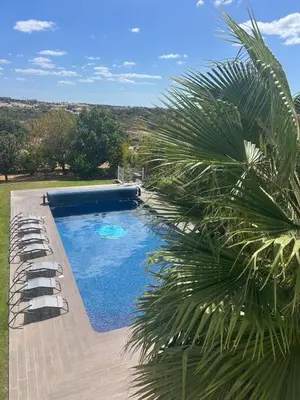 a swimming pool with lounge chairs and a palm tree at Luxury home in Albufeira in Albufeira