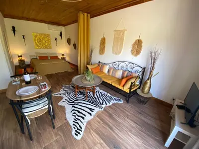 a living room with a couch and a zebra rug at Quinta Oriana Bella suite in Paderne