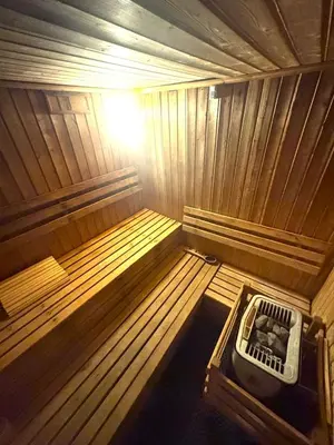 an overhead view of a small wooden sauna at FourSeasons Vilamoura in Quarteira