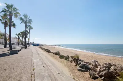 a sandy beach with palm trees and the ocean at Quarteira Modern Flat in Quarteira
