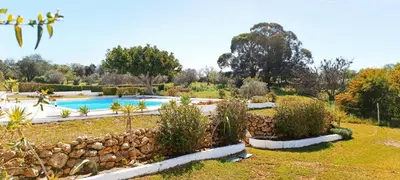 a garden with a swimming pool and a fence at Quinta do Lagar - 07 in Albufeira