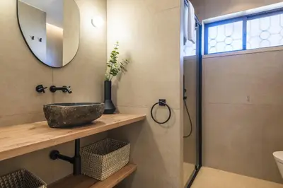 a bathroom with a sink and a shower at Casa Alonso 2 Bedroom Apartment with Pool in Albufeira