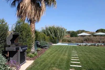 a lawn with a grill and a palm tree at Espuma do Tempo in Quarteira