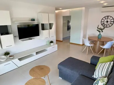 a living room with a couch and a tv at Apartamento Flor de Amendoeira Garden in Albufeira