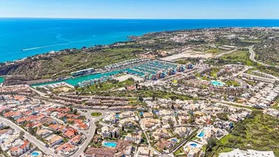 an aerial view of a city next to the ocean at Romantic Studio by Moje Holiday in Albufeira