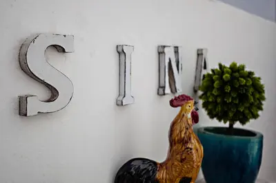 a wall with a sign with a rooster and a plant at Baixa Terrace Hostel in Faro