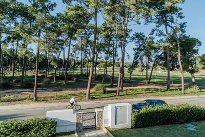 a person riding a bike down a street with trees at Pine Cliff Apartment by The Portuguese Butler in Olhos de Água