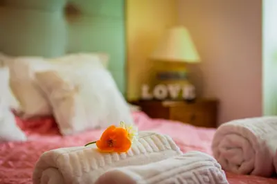 a flower on top of a bed with towels at Apartamento Cardoso in Albufeira