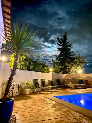 a patio with a palm tree and a pool at night at Casa Mariano Private Heated Pool With Views and AC