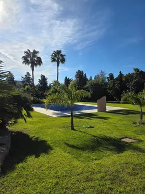 a park with palm trees and a swimming pool at Casa Balaia in Olhos de Água