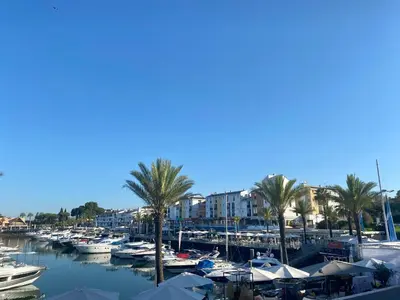 a group of boats docked in a marina with palm trees at Solar Vilamoura Relaxing Apartment Stay in Quarteira
