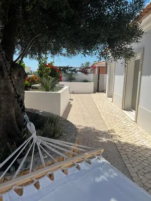 a hammock under a tree next to a building at Casa Alegria in Tunes