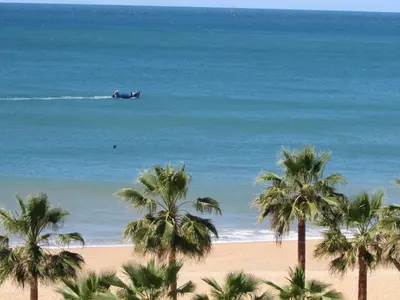 a boat in the ocean with palm trees on the beach at Apartment NASCER-DO-SOL by Interhome in Quarteira