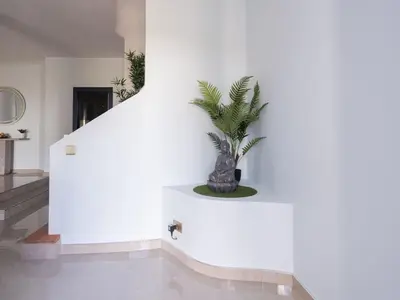a palm tree in a pot on a white wall at Holiday Home Aldeia Do Mar by Interhome in Vilamoura
