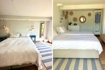 two pictures of a bedroom with a bed and a room with at Vistas Algarve in Loulé