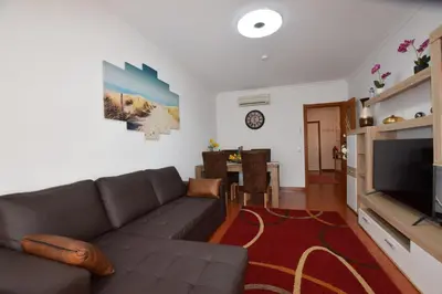 a living room with a couch and a television at Apartamento Albufeira in Albufeira