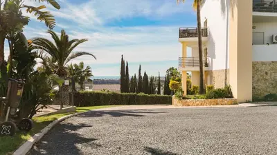 a street in front of a building with palm trees at E Orada sea view historic center tennis in Albufeira